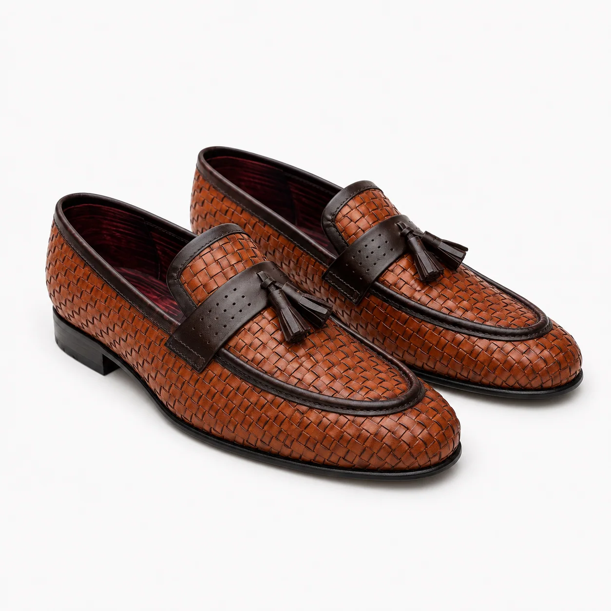 Mens Cognac Woven Leather Tassel Loafers