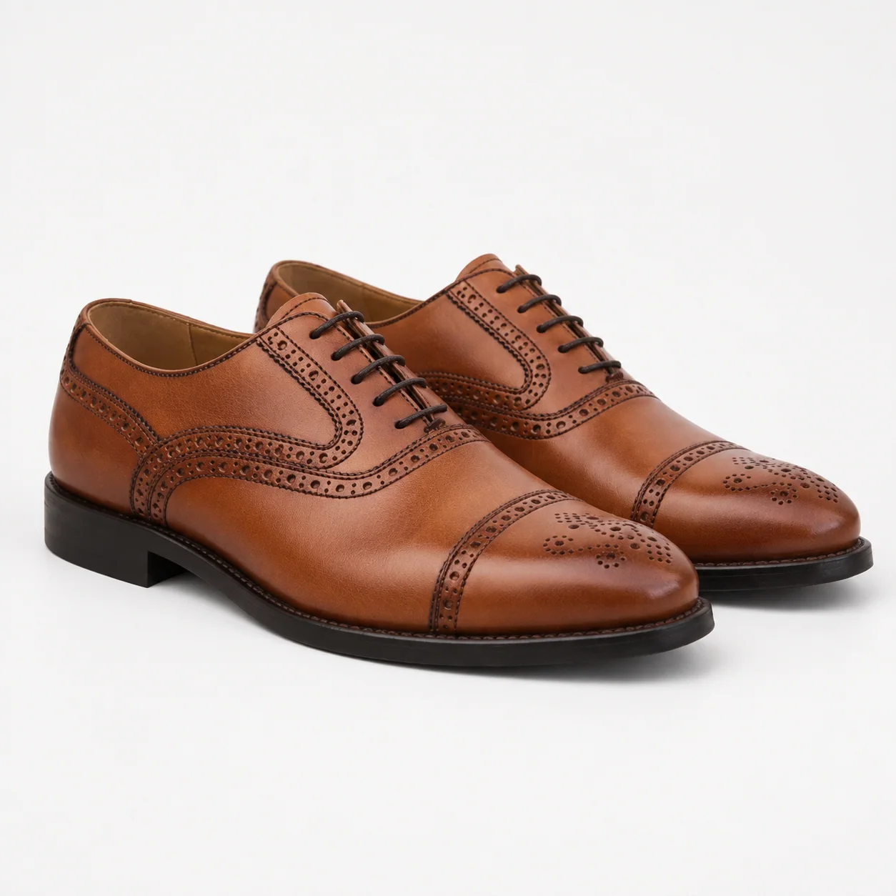 Cognac Cap-Toe Brogue Oxford Shoes