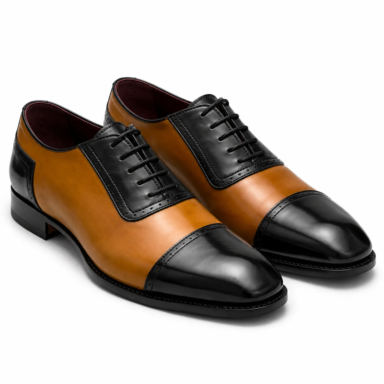 Tan and Black Cap-Toe Leather Spectator Shoes