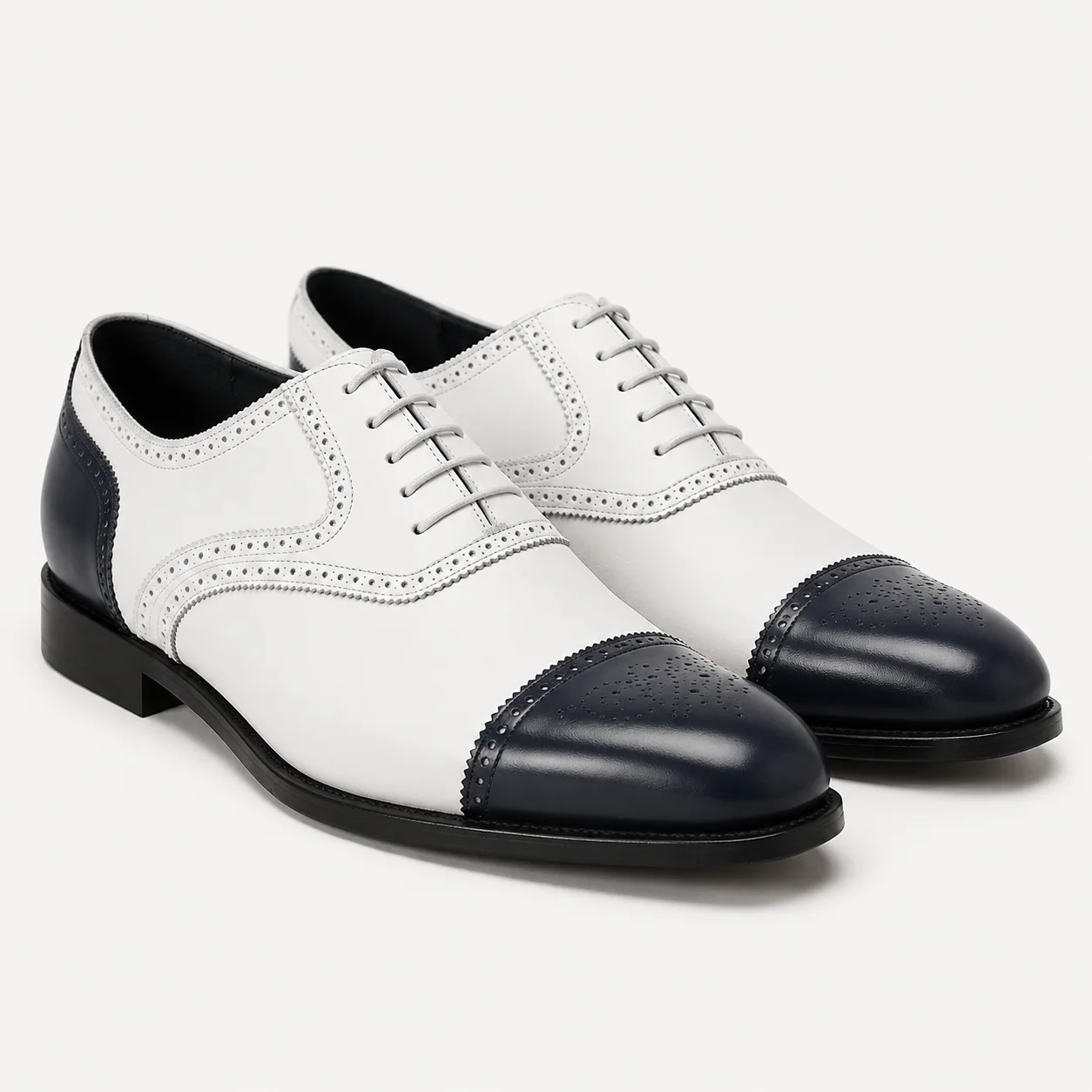 Navy and White Cap-Toe Brogue Oxford Shoes