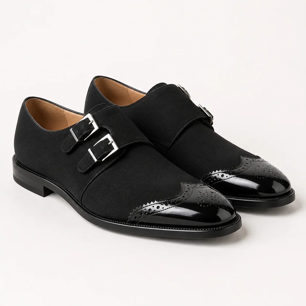 Black Double Monk-Strap Cap-Toe Dress Shoes