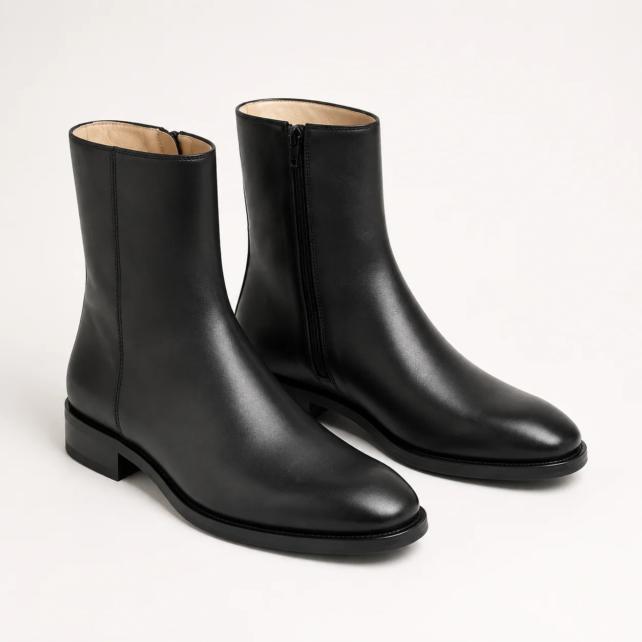 Black Leather Tall Ankle Zip Dress Boots
