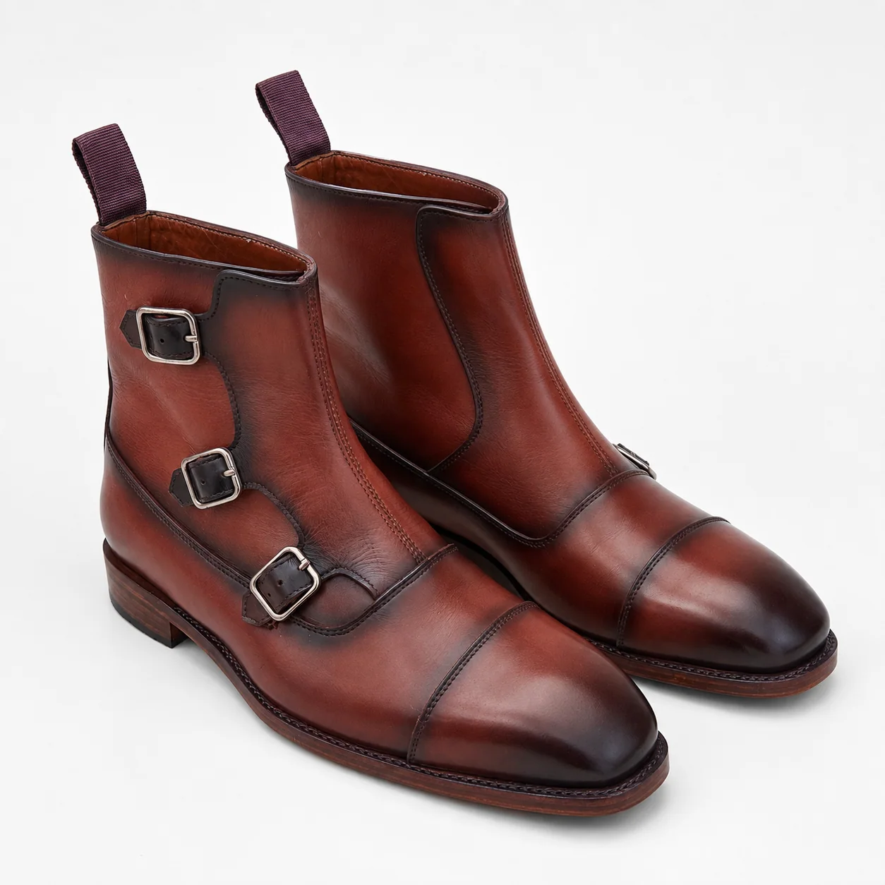 Brown Leather Triple Monk-Strap Ankle Boots