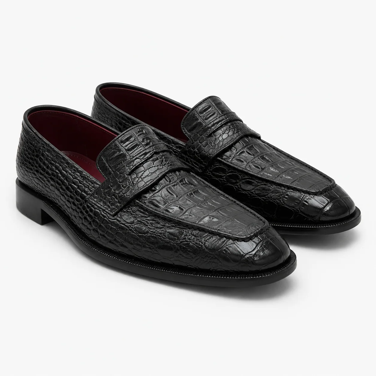 Black Crocodile-Embossed Leather Penny Loafers