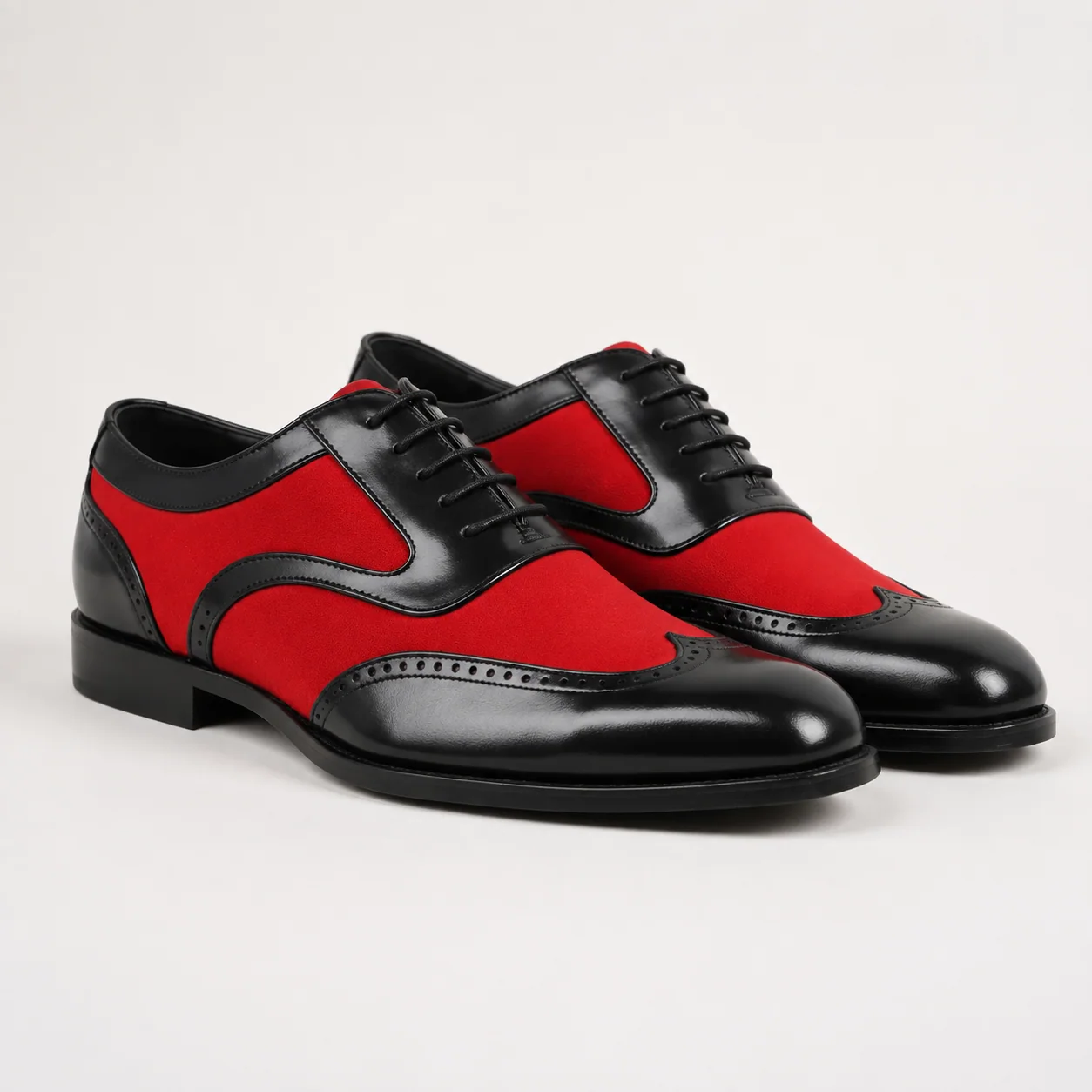 Black and Red Leather Suede Wingtip Oxford Shoes