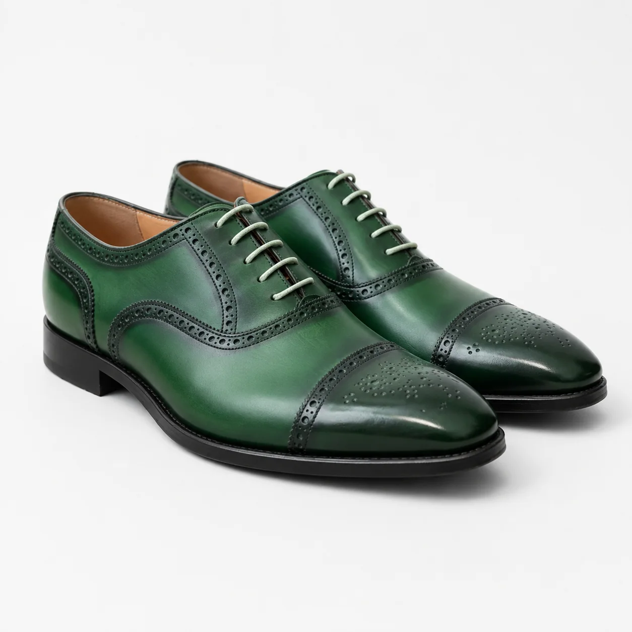 Green Leather Cap-Toe Brogue Oxford Shoes