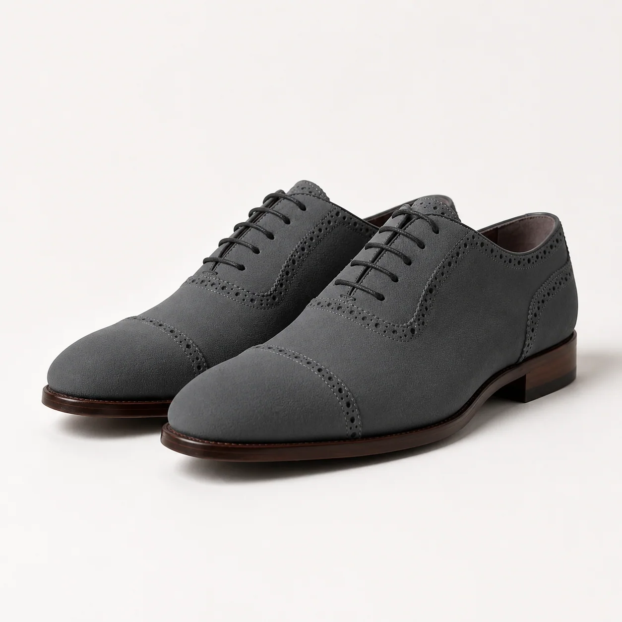 Grey Pebbled Leather Cap-Toe Oxford Shoes