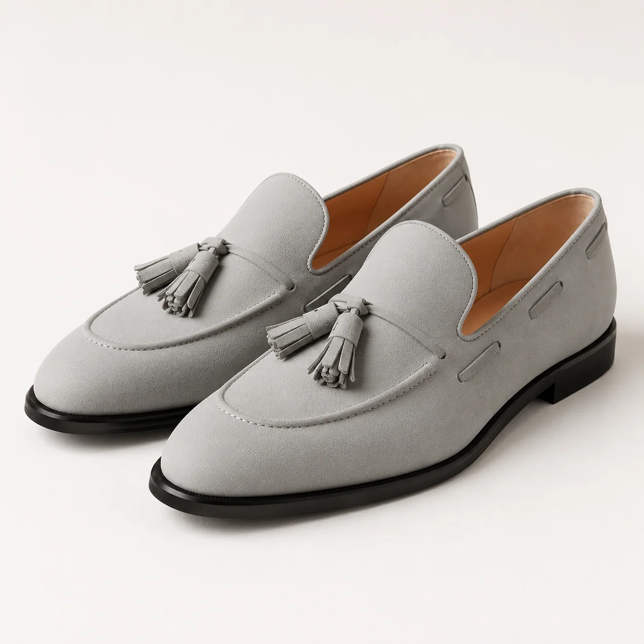 Light Grey Pebbled Leather Tassel Loafers