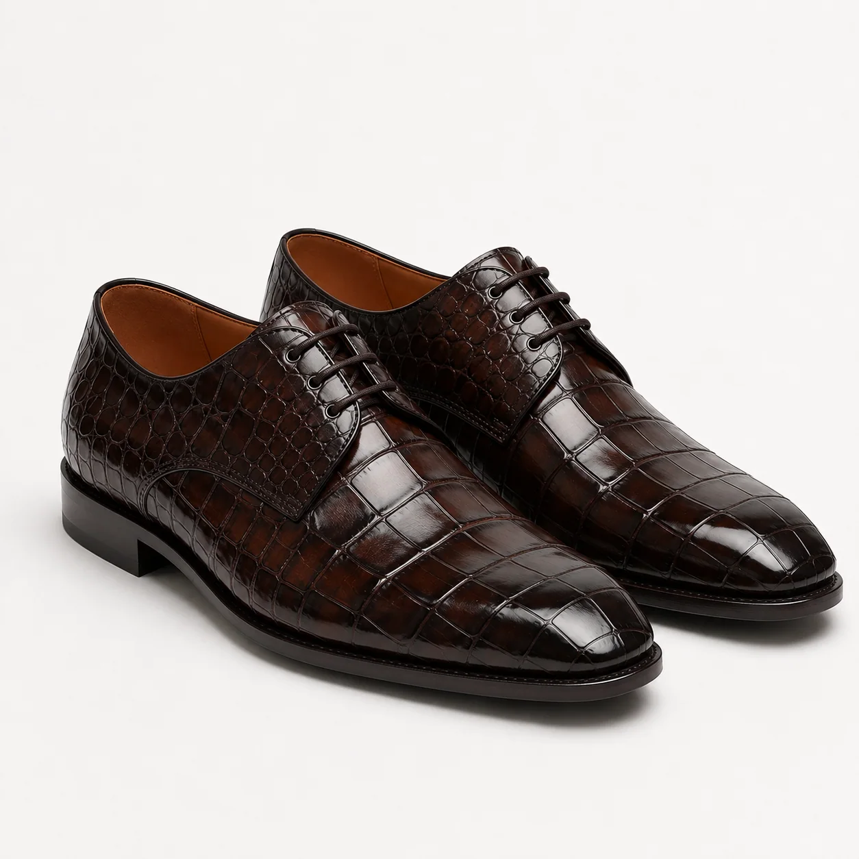 Brown Crocodile-Embossed Leather Dress Shoes