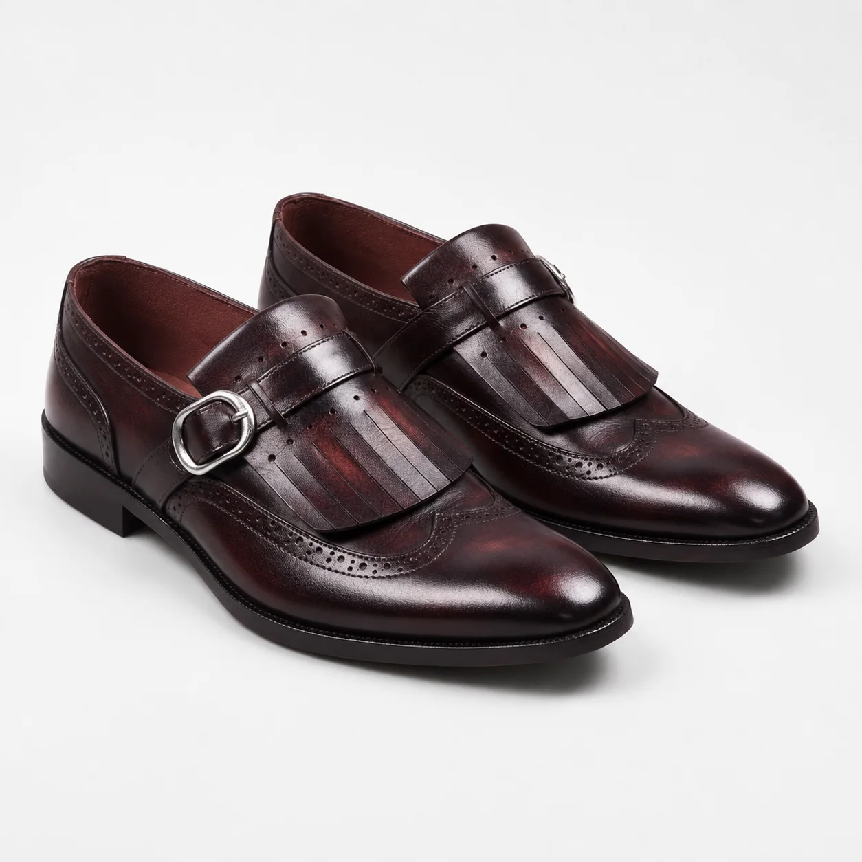 Burgundy Leather Kiltie Single-Monk Shoes