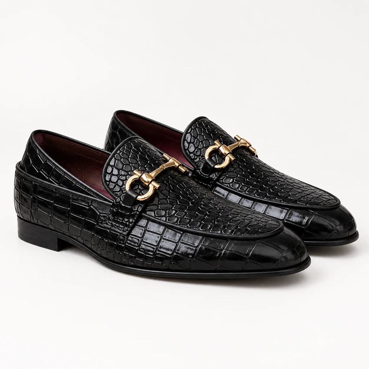 Black Crocodile-Embossed Horsebit Loafers