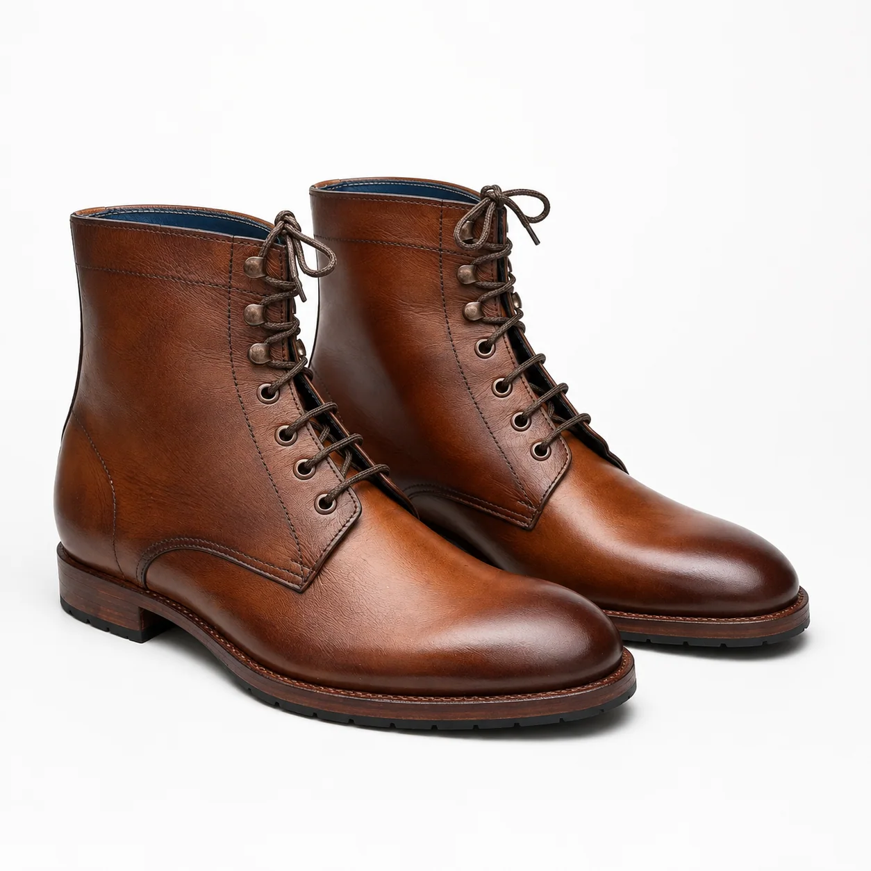 Cognac Leather Lace-Up Ankle Boots