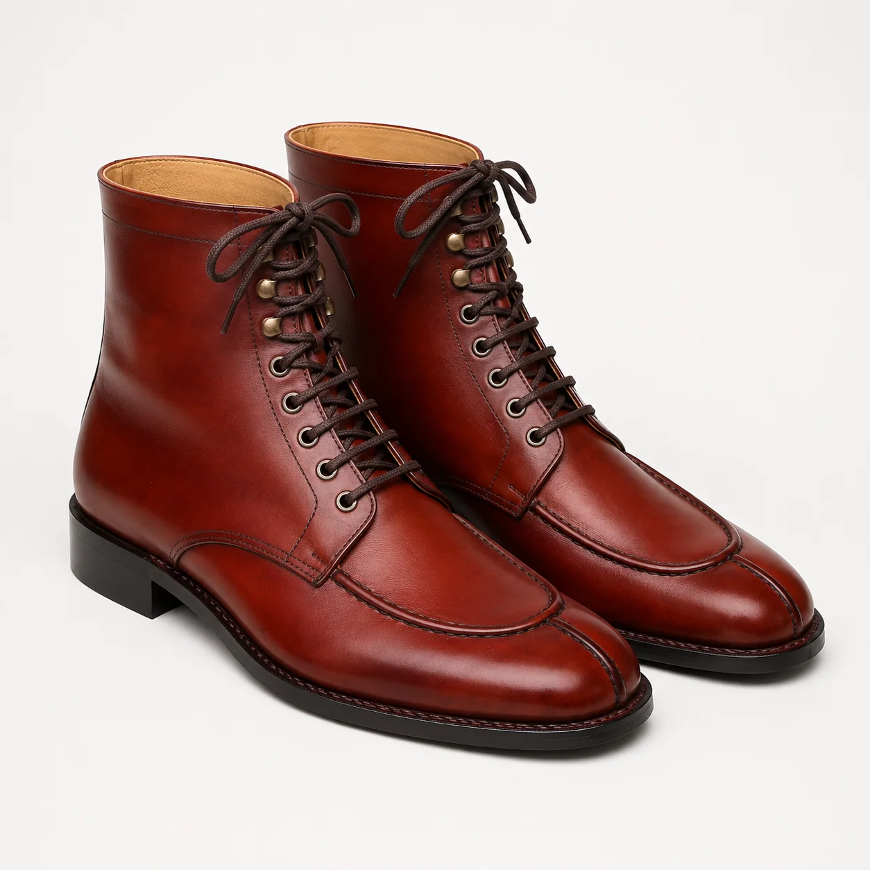 Oxblood Leather Apron-Toe Lace-Up Boots