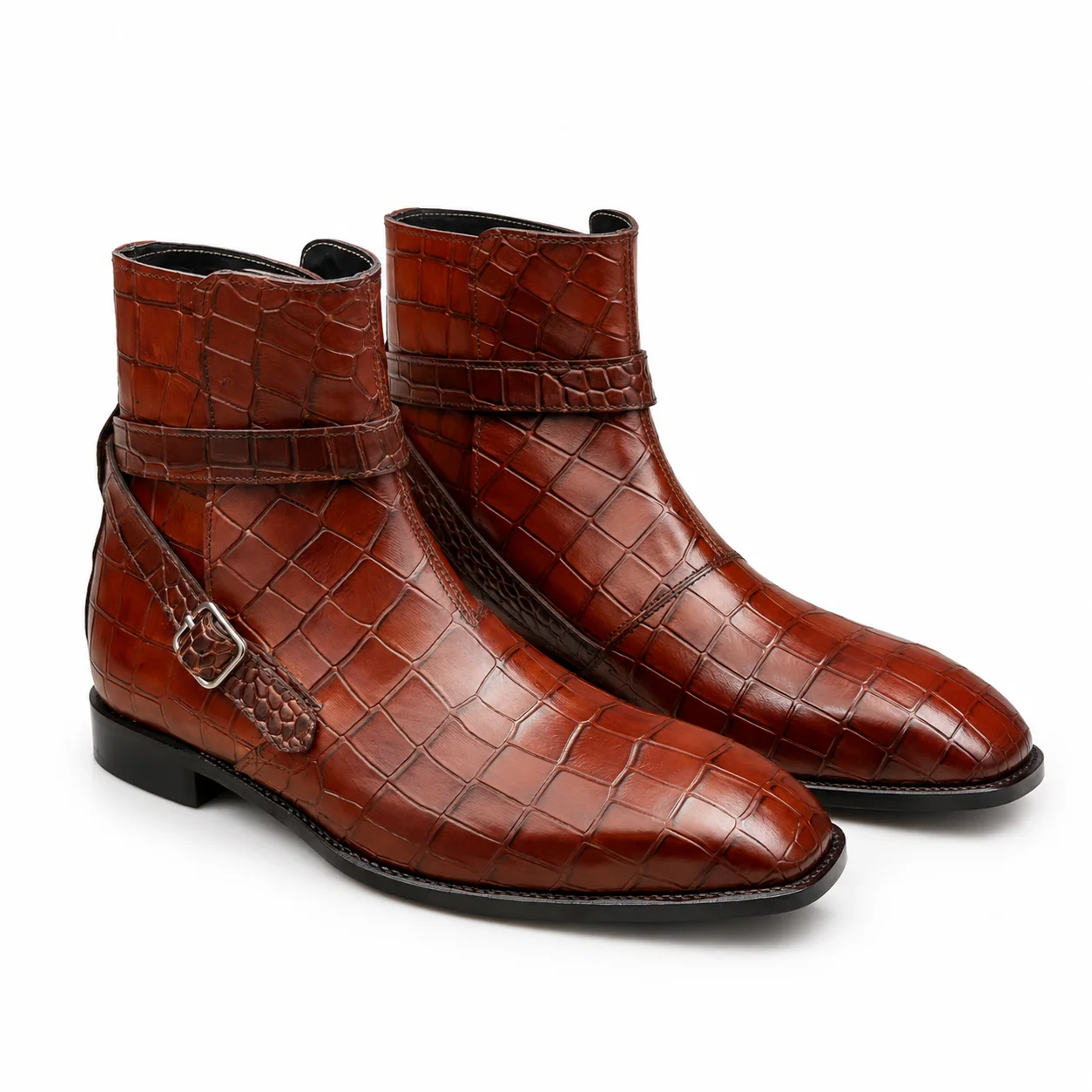 Brown Crocodile-Embossed Monk-Strap Ankle Boots