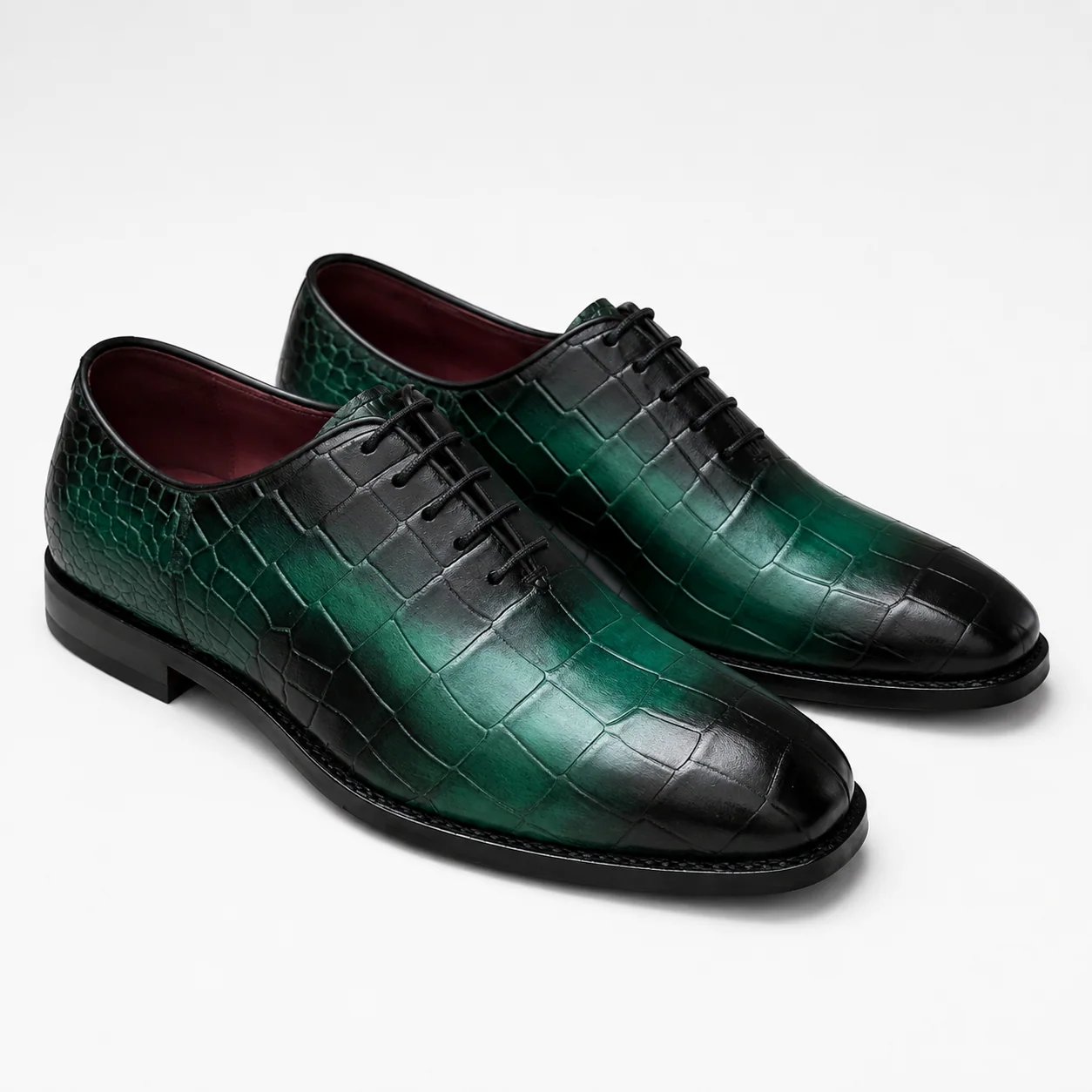 Emerald Green Crocodile-Embossed Oxford Shoes