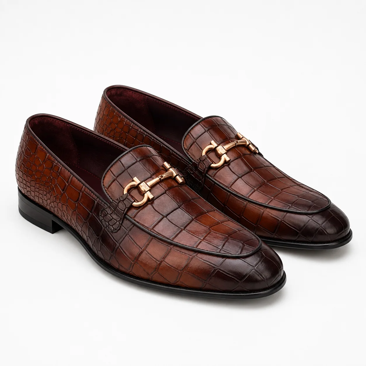 Brown Crocodile-Embossed Horsebit Loafers