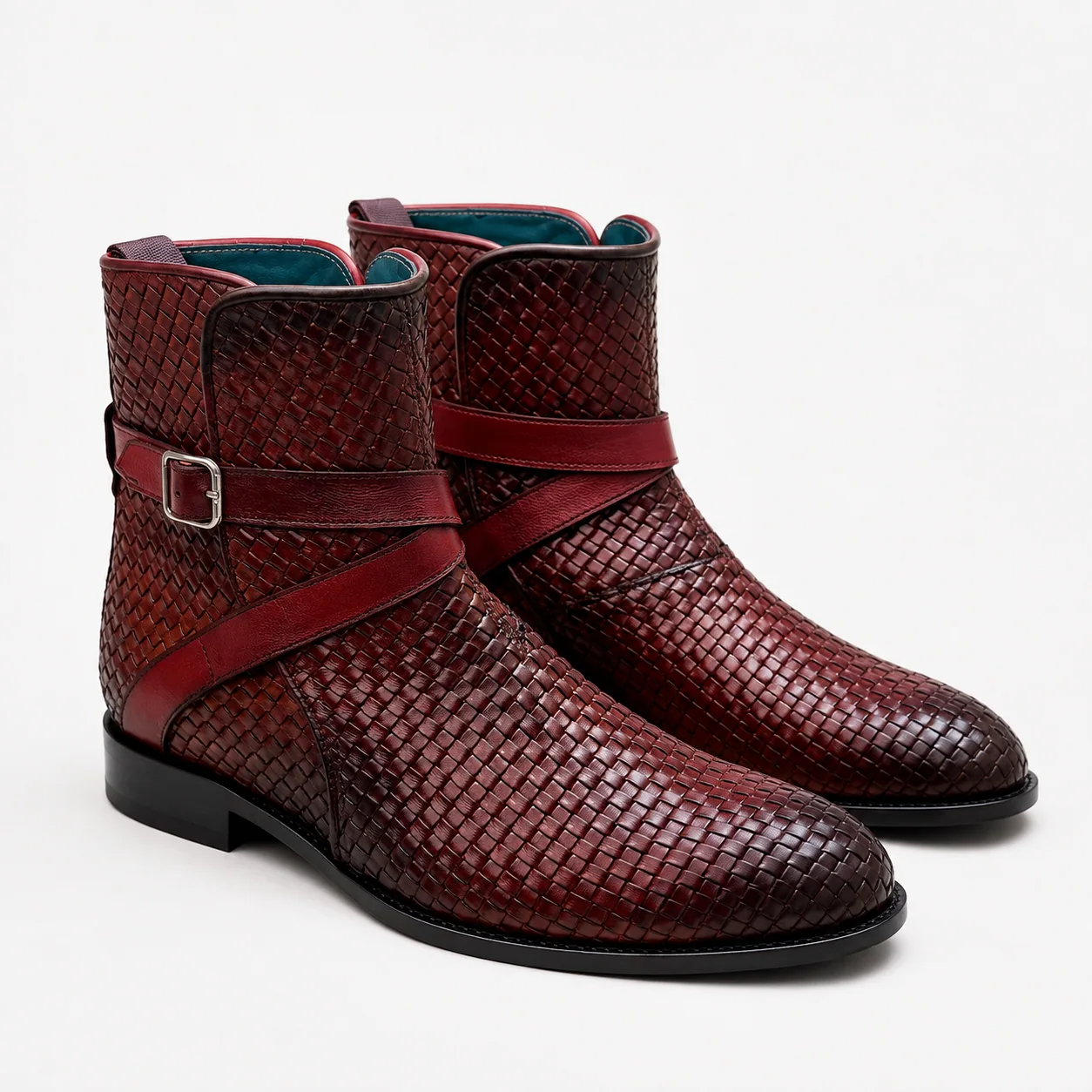 Burgundy Woven Leather Jodhpur Ankle Boots