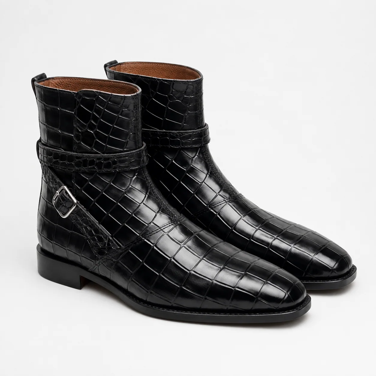 Black Crocodile-Embossed Jodhpur Boots