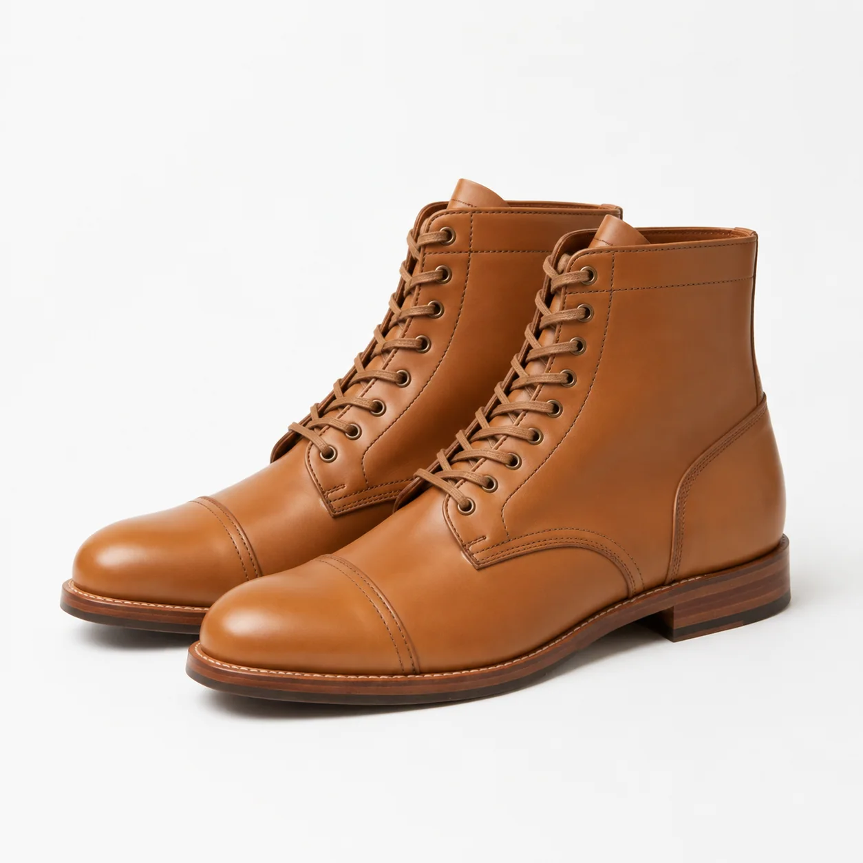 Tan Leather Cap-Toe Lace-Up Ankle Boots