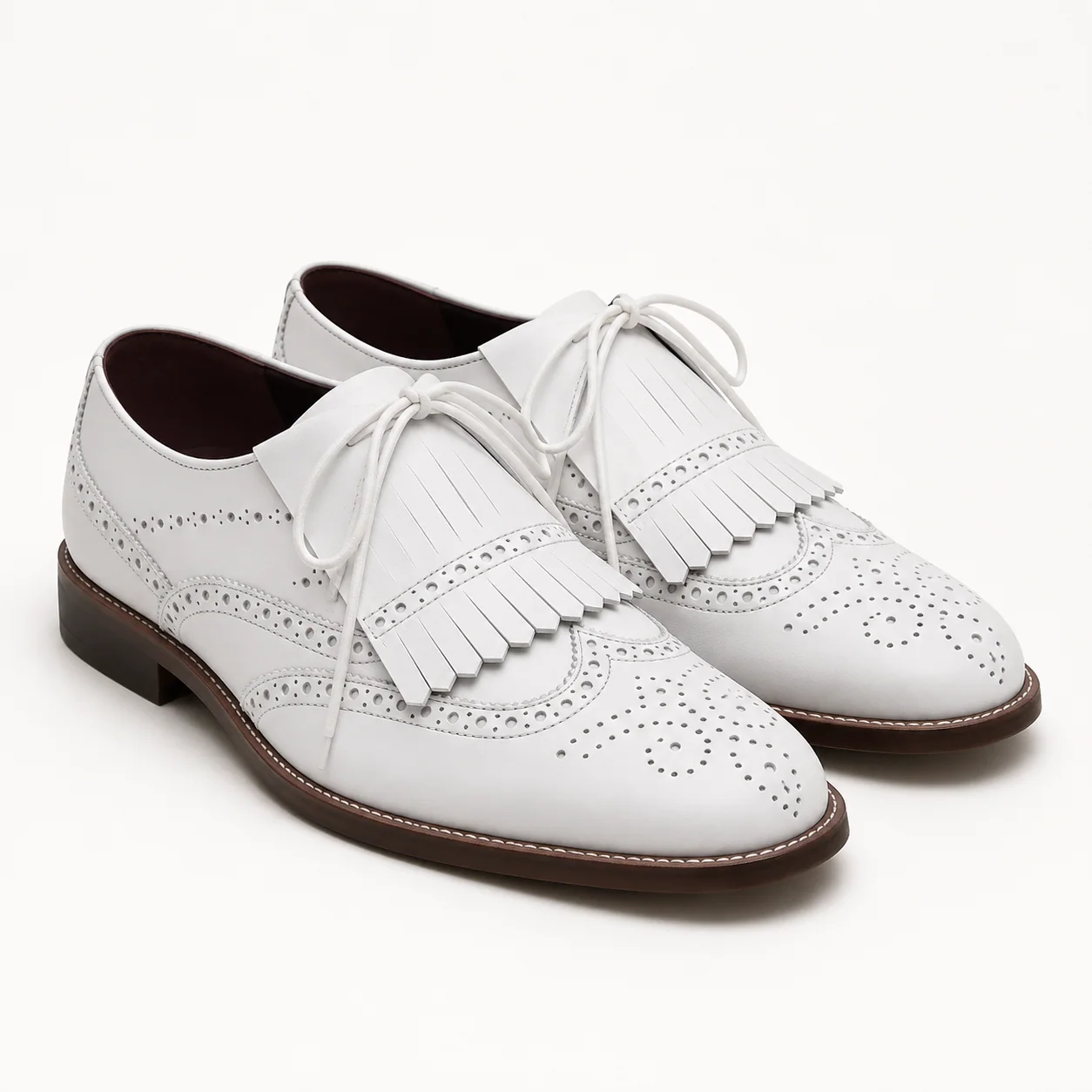 White Leather Kiltie Wingtip Brogue Shoes