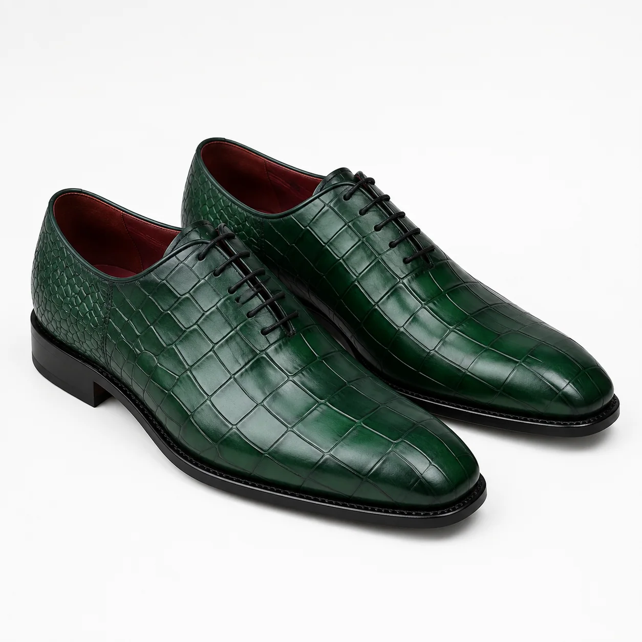 Forest Green Crocodile-Embossed Oxford Shoes
