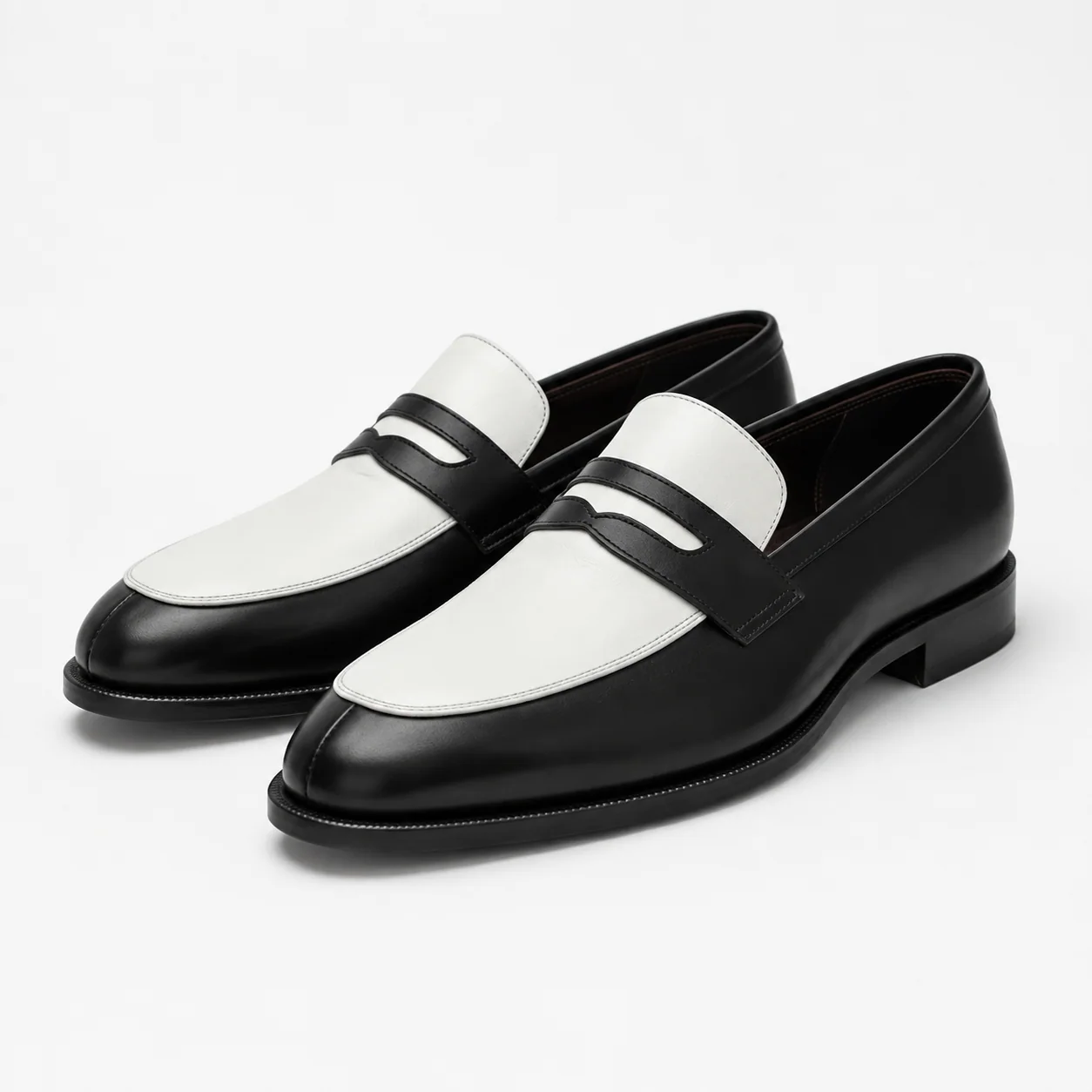 Black and White Leather Penny Loafers