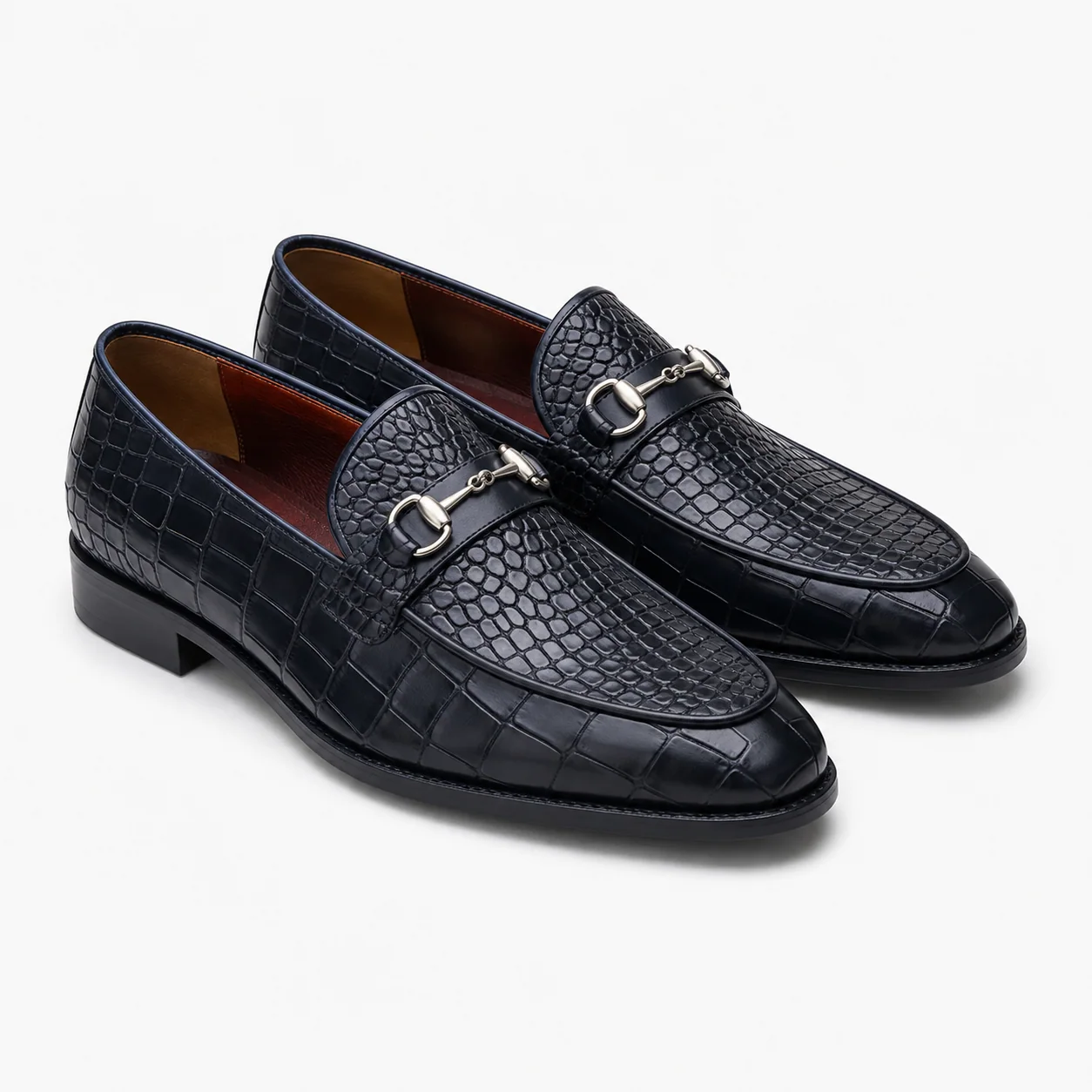 Navy Crocodile-Embossed Silver Horsebit Loafers
