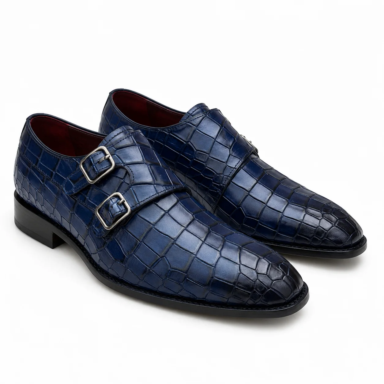 Navy Crocodile-Embossed Double-Monk Shoes