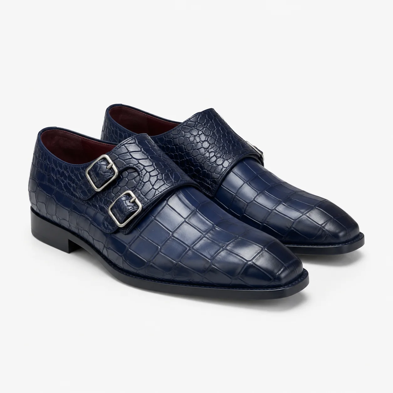 Navy Mixed-Scale Embossed Double-Monk Shoes