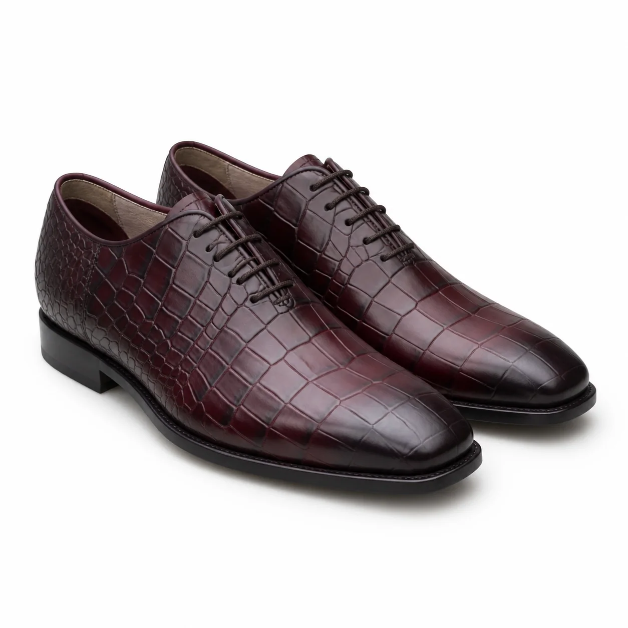 Burgundy Crocodile-Embossed Oxford Shoes