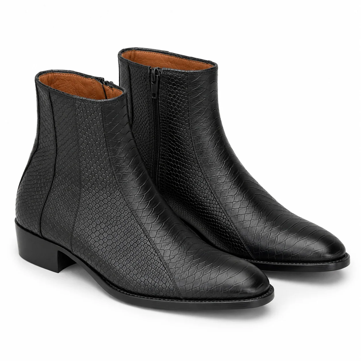 Black Python-Embossed Zip Ankle Boots