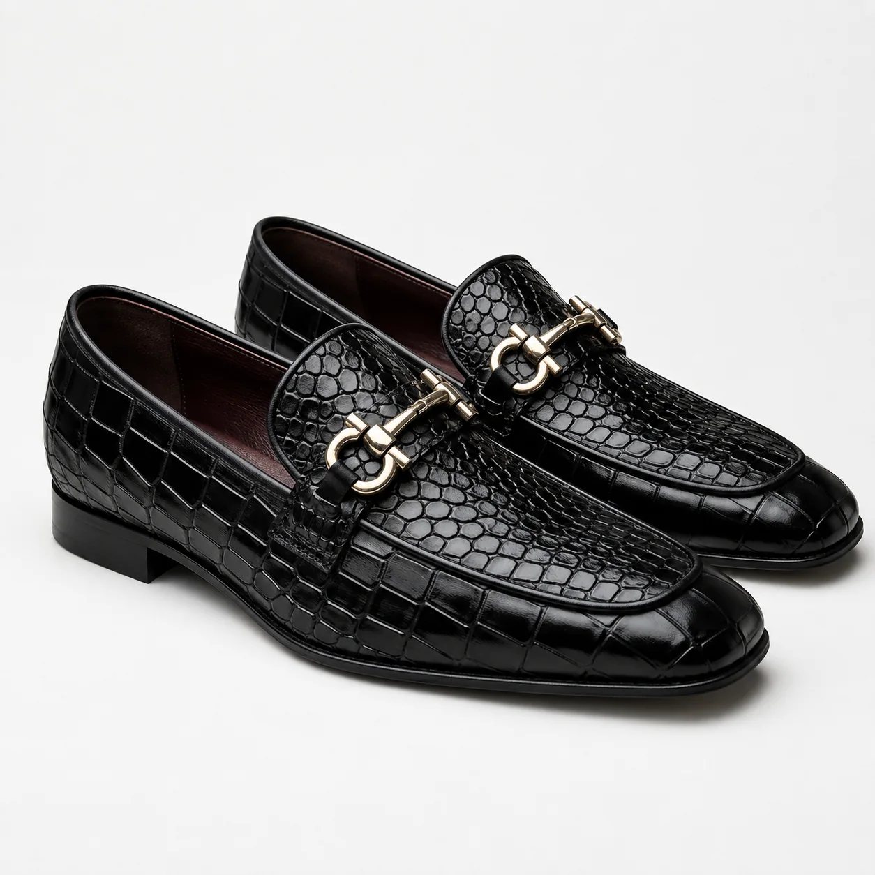 Black Embossed Leather Gold Horsebit Loafers