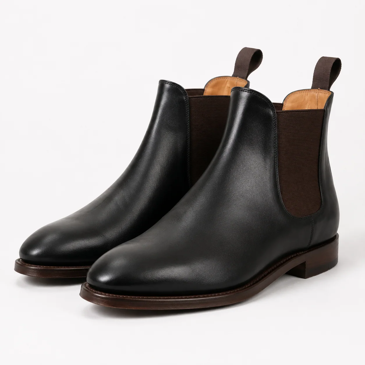 Black Leather Chelsea Boots with Brown Accents