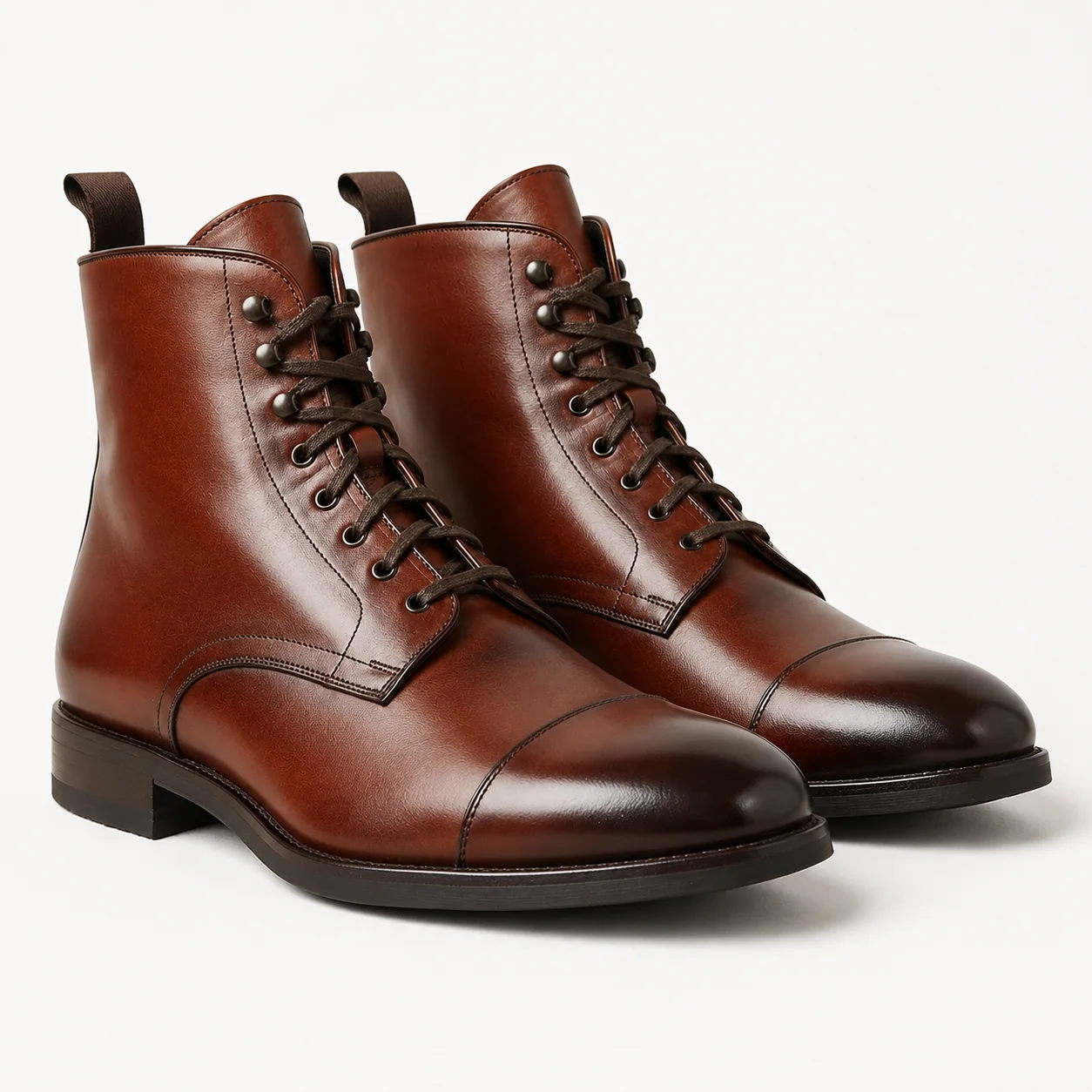 Chestnut Leather Cap-Toe Lace-Up Dress Boots