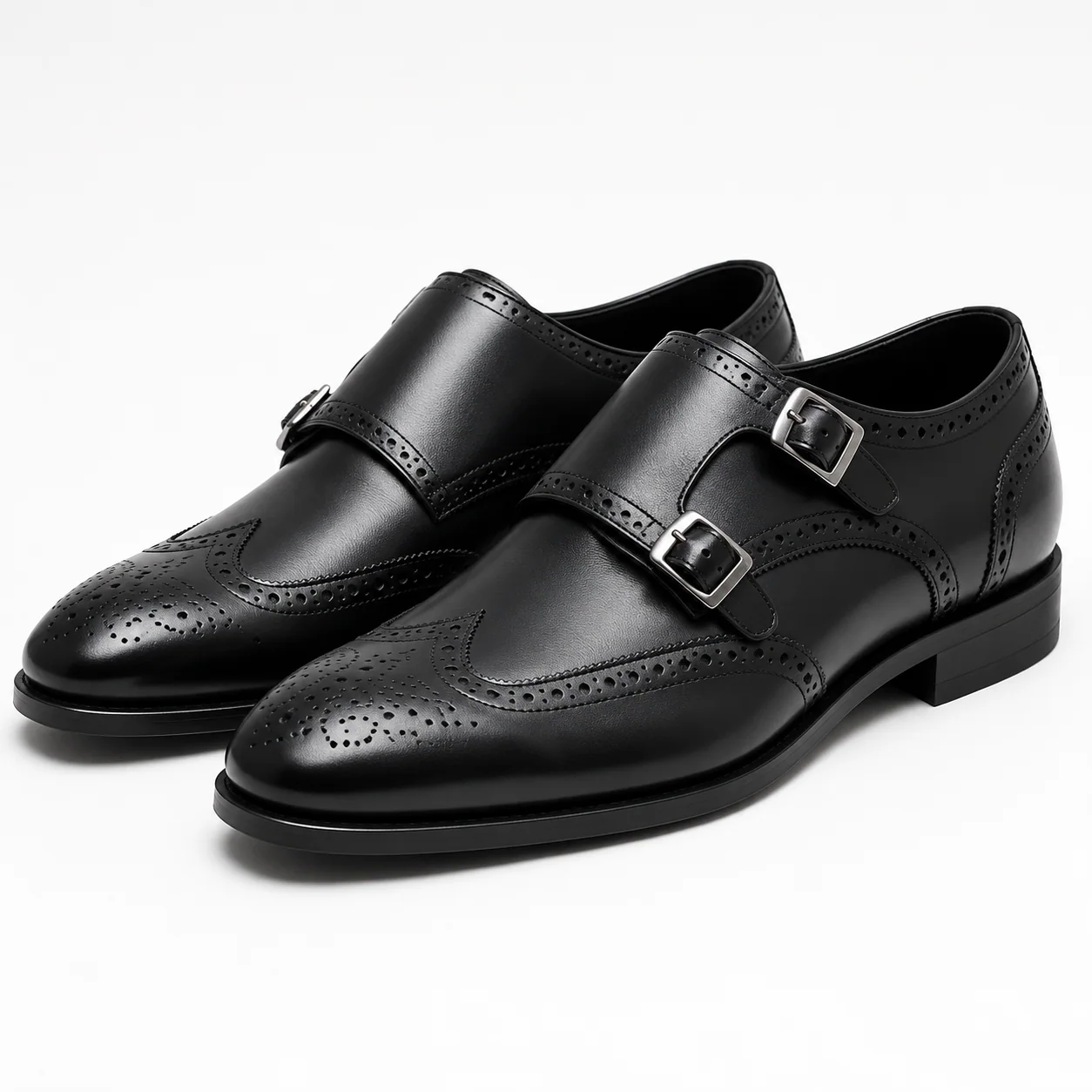 Black Leather Double-Monk Wingtip Brogue Shoes