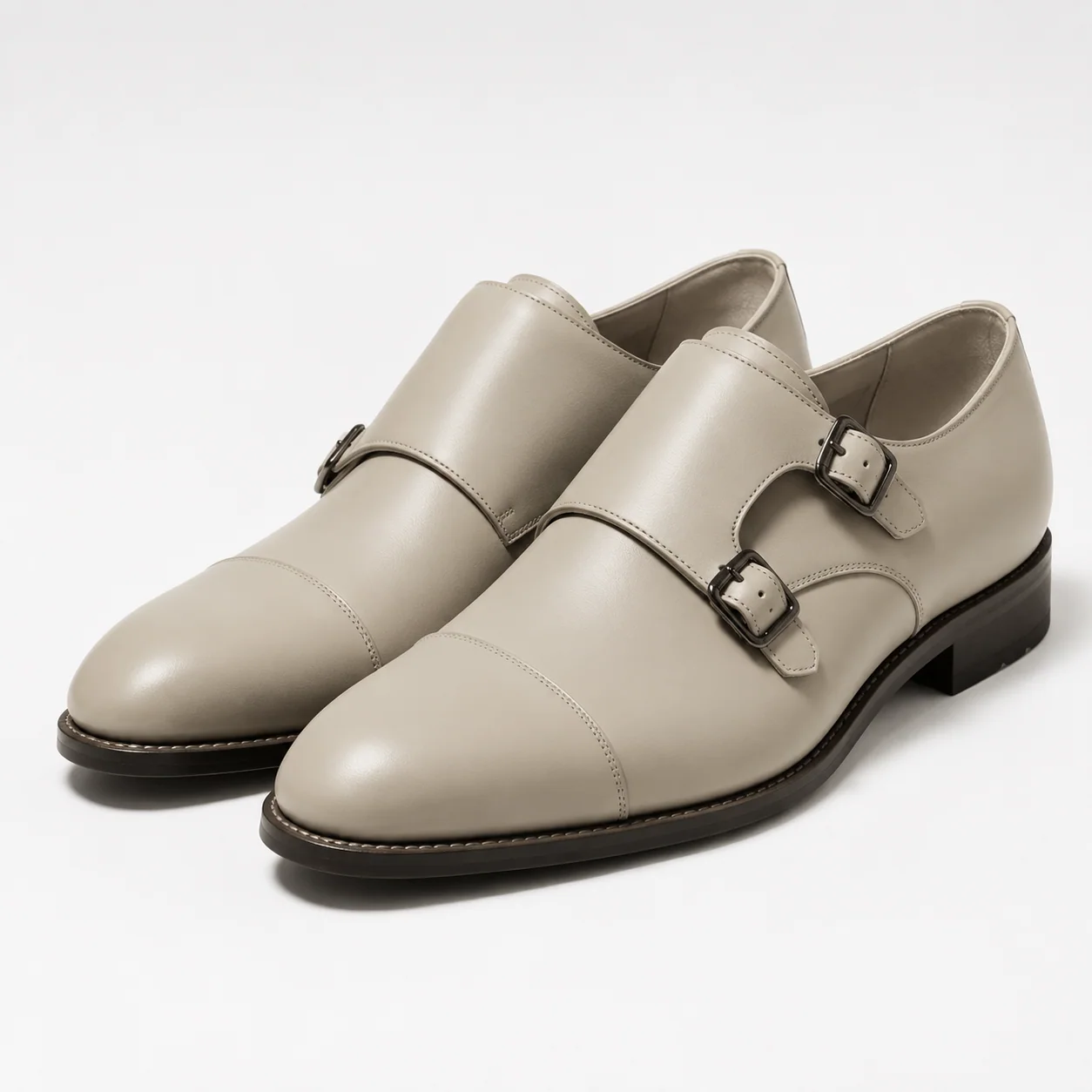 Stone Grey Cap-Toe Double-Monk Shoes