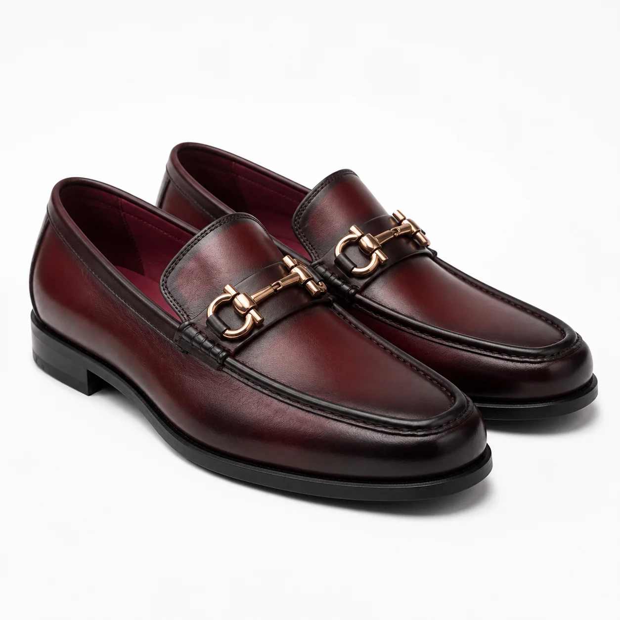 Burgundy Leather Rose-Gold Horsebit Loafers