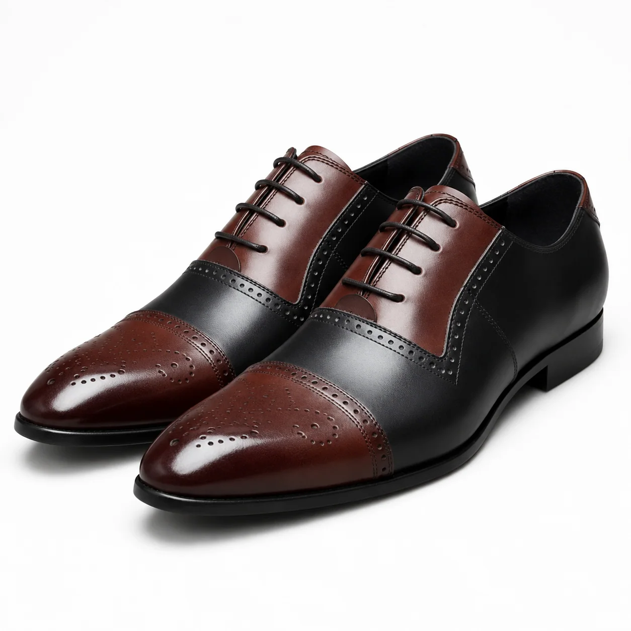 Black and Oxblood Cap-Toe Oxford Shoes