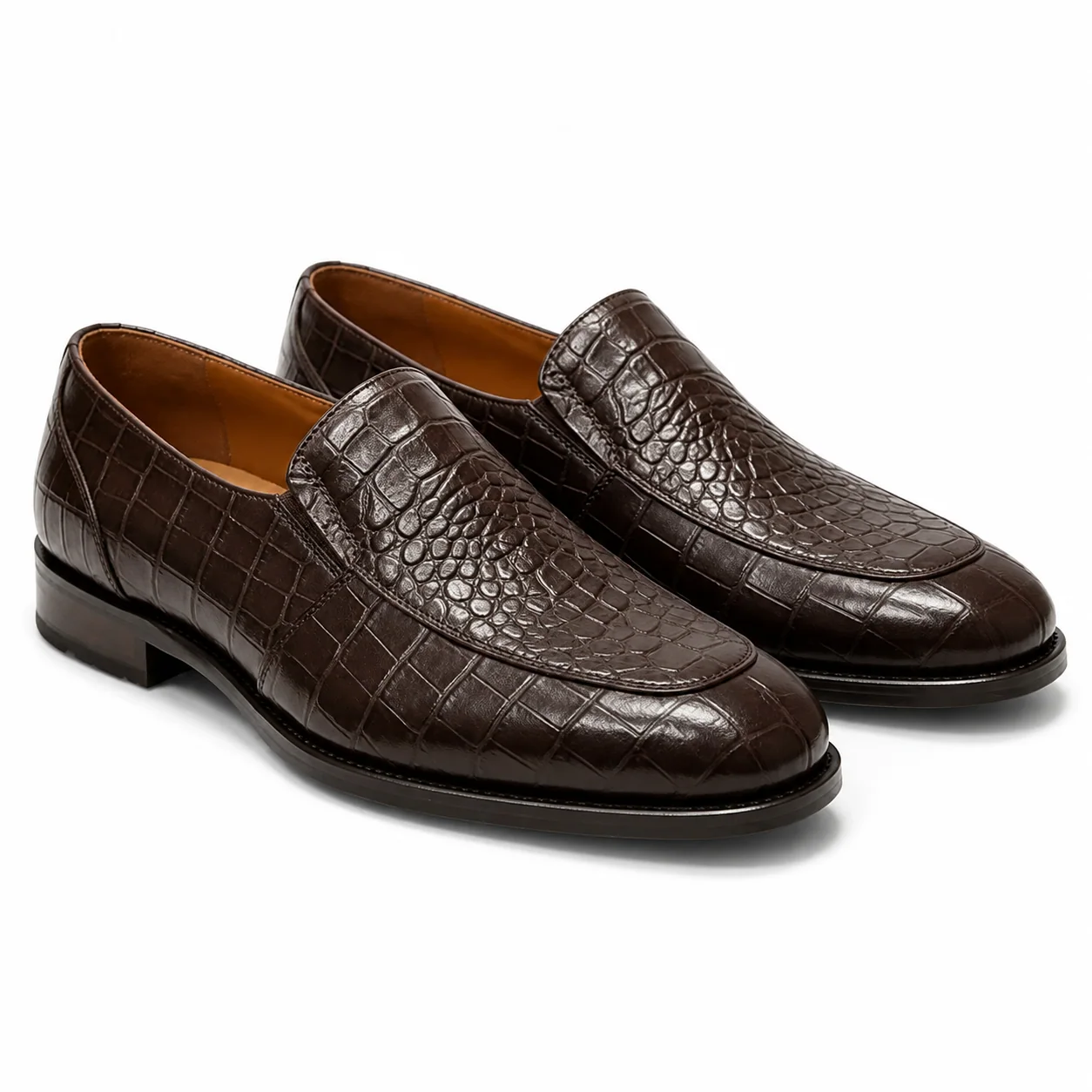 Dark Brown Crocodile-Embossed Leather Loafers