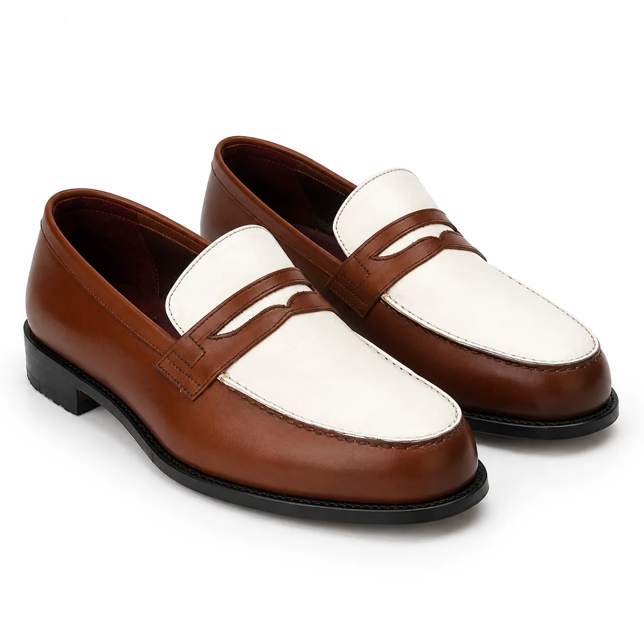 Cognac and Ivory Leather Penny Loafers