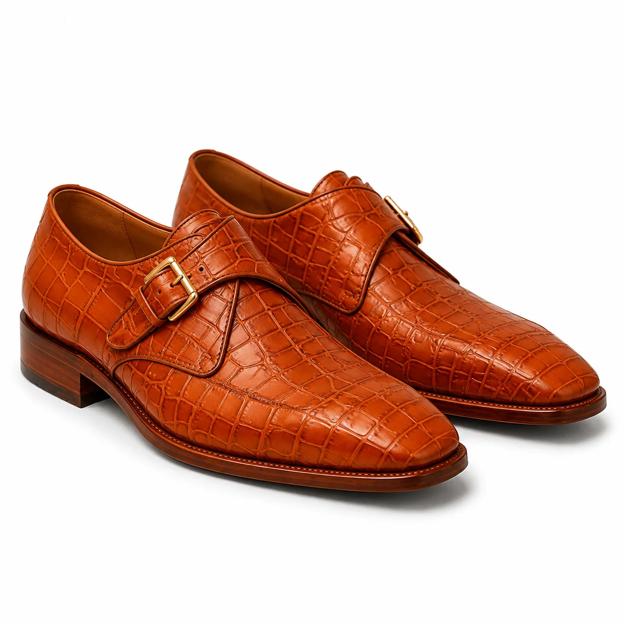 Cognac Crocodile-Embossed Single-Monk Shoes