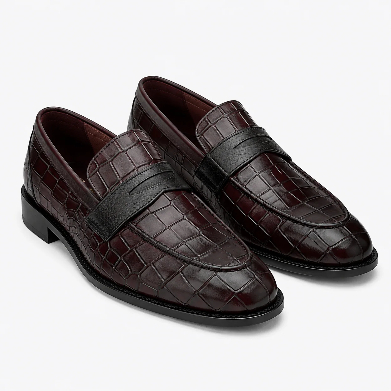 Burgundy Embossed Leather Black-Strap Penny Loafers