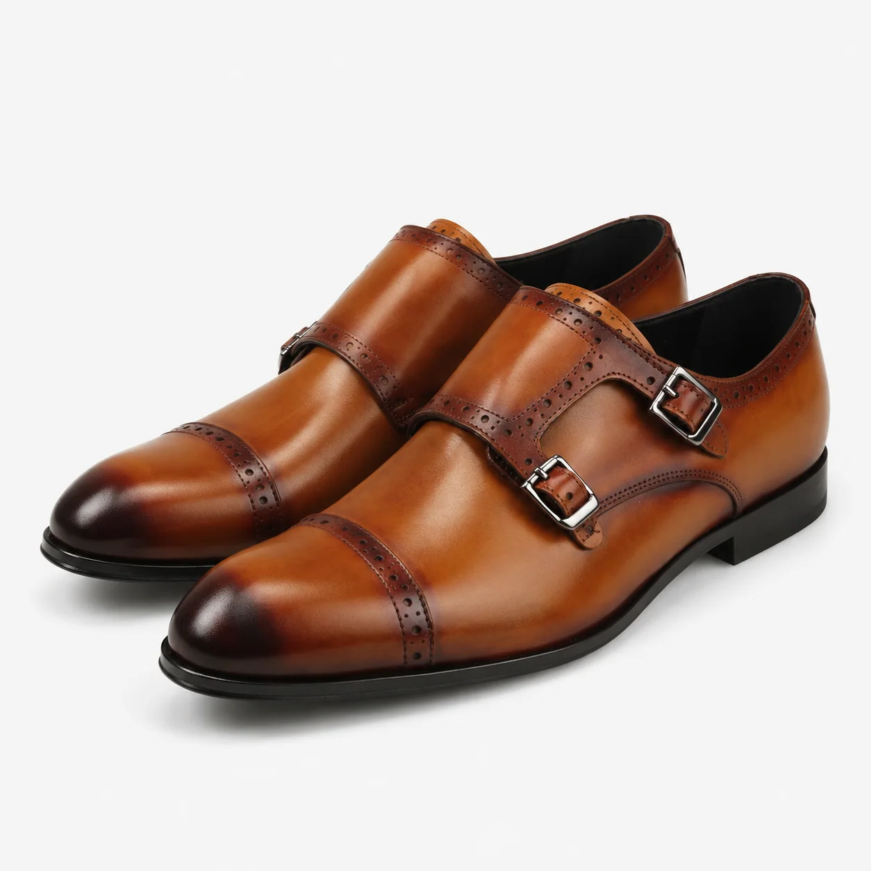 Cognac Cap-Toe Leather Double-Monk Shoes
