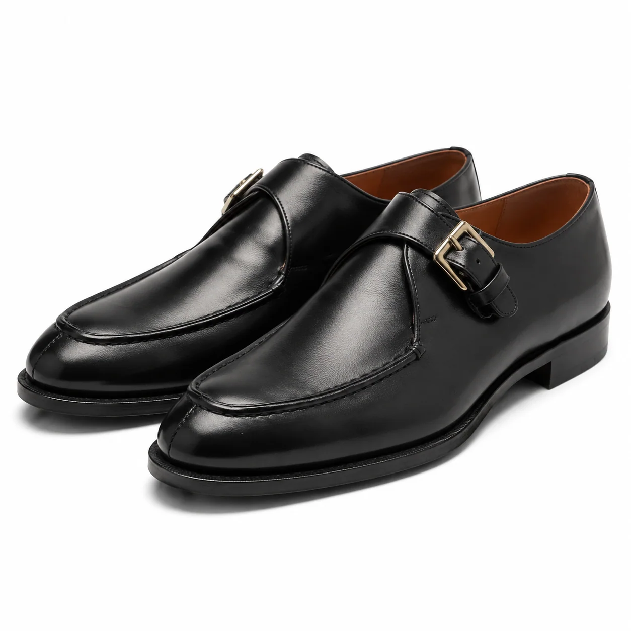 Black Apron-Toe Leather Single-Monk Shoes