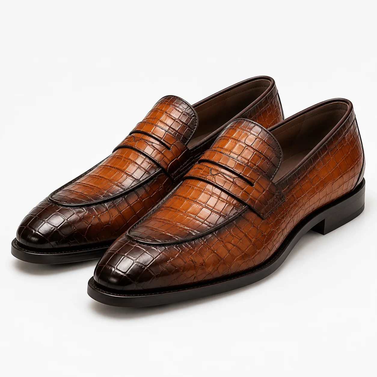 Burnished Brown Crocodile-Embossed Penny Loafers