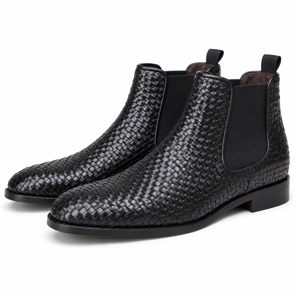 Black Basket-Weave Leather Chelsea Boots