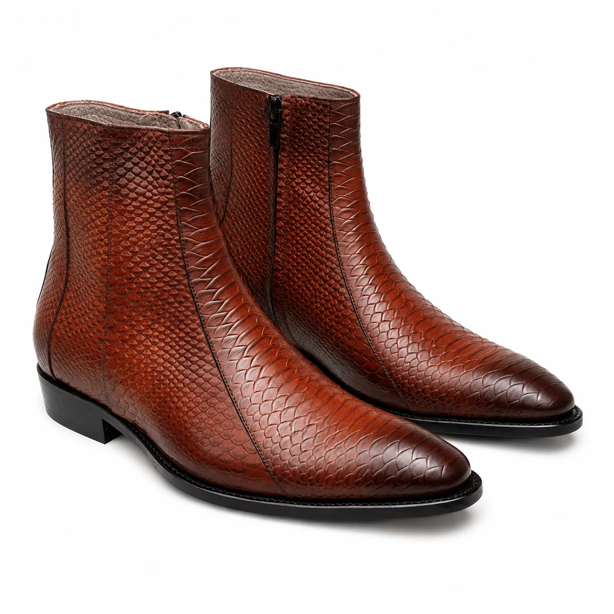Brown Textured Leather Zip Ankle Boots