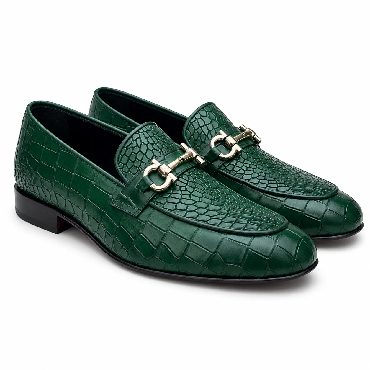 Green Crocodile-Embossed Leather Bit Loafers