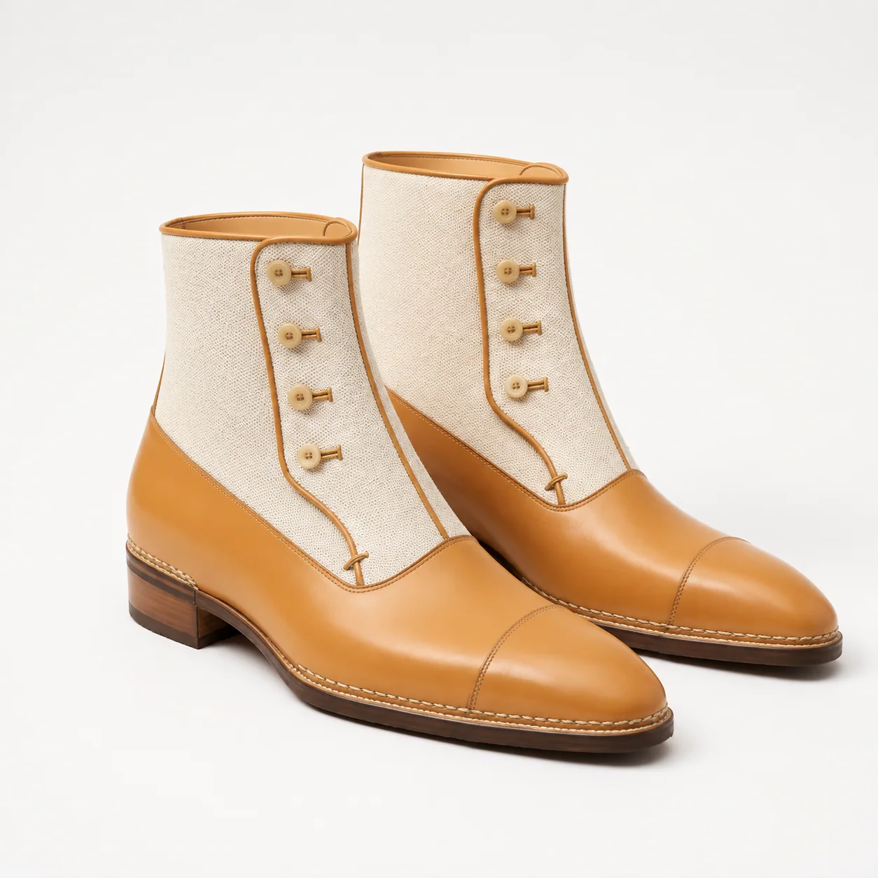 Tan Leather and Cream Canvas Button Spat Boots