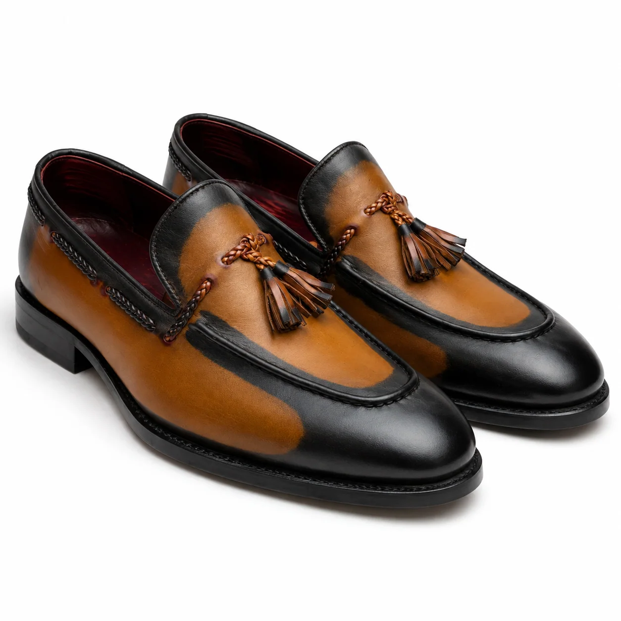 Tan and Black Leather Tassel Loafers
